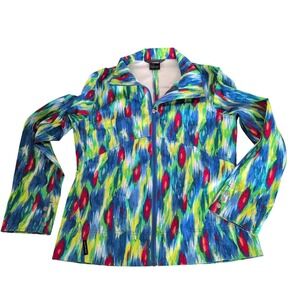 Obermeyer Womens Lightweight Zip Up‎ Jacket Abstract Ikat Print Blue Green Large